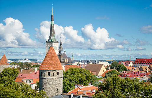 Tallinn, Estonia, August 14, 2016: Panoramic view of Old Town of Tallinn with traditional red tile roofs, medieval churches, towers and walls