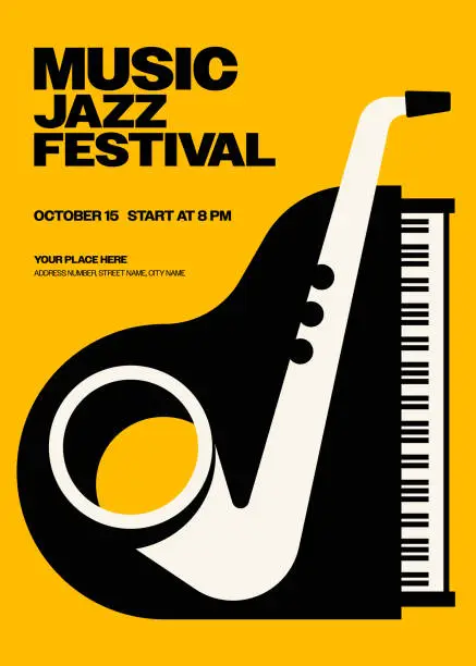 Vector illustration of Music festival poster template design with piano and saxophone vintage retro style