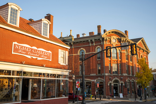 Doylestown, USA - November 5, 2023. Historic buildings in downtown Doylestown, Pennsylvania, USA