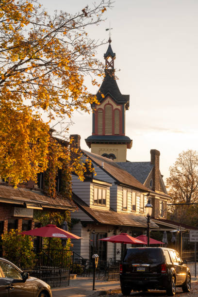 Doylestown, USA - November 5, 2023. Historic district of downtown Doylestown at Sunset, Pennsylvania, USA