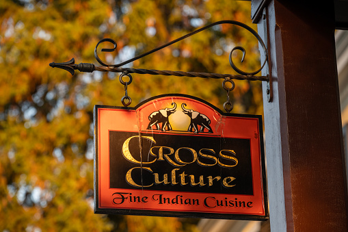 Doylestown, USA - November 5, 2023. Sign of Cross Culture Indian restaurant in the historic district of downtown Doylestown, Pennsylvania, USA