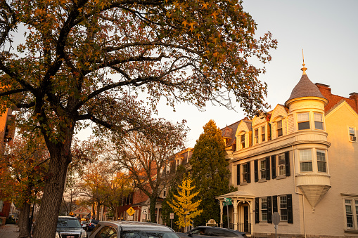 Doylestown, USA - November 5, 2023. Historic district in downtown Doylestown at Sunset, Pennsylvania, USA