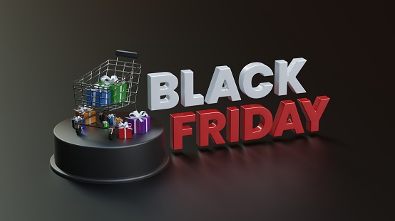 Black friday, Black Background, November, 3D render, Gift box, Big Sale, copy space template