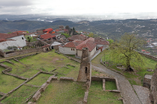 Ruins of the Sultan Mehmed Fatih Mosque -Xhamia e Sulltan Mehmed Fatihut- or Fethiye Mosque -Xhamia e Fet'hijes-, Ottoman-era mosque and minaret built before 1481 in the castle grounds. Kruja-Albania.