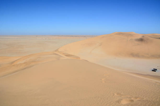 istock Desert dry landscape with sand dunes under blue sky. Global warming and climate change 1793770252