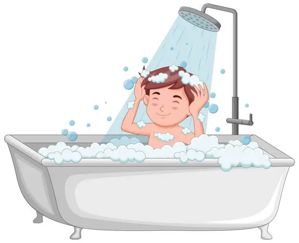 Vector illustration of Little boy take a bath in the bathtub. Vector illustration