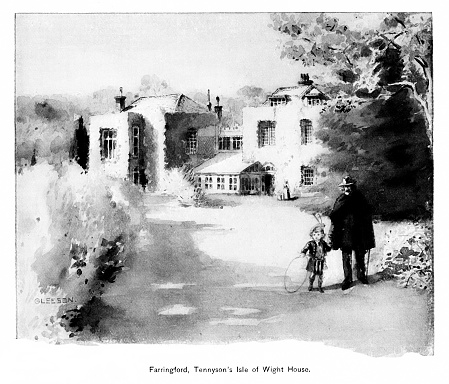 Farringford house where Alfred Tennyson, lived on Isle of Wight, England. Illustration published 1895. The original edition is in my archives. Copyright has expired and is in Public Domain.