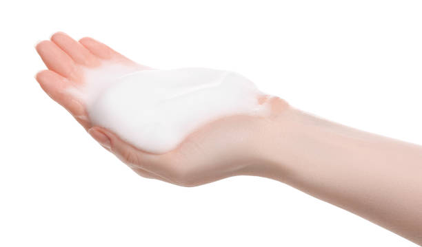 istock Woman with bath foam on white background, closeup 1793781284
