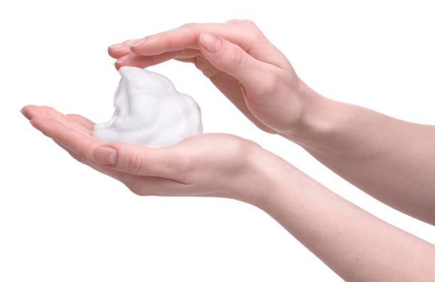 istock Woman with bath foam on white background, closeup 1793781818