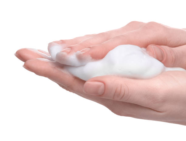 istock Woman with bath foam on white background, closeup 1793781828