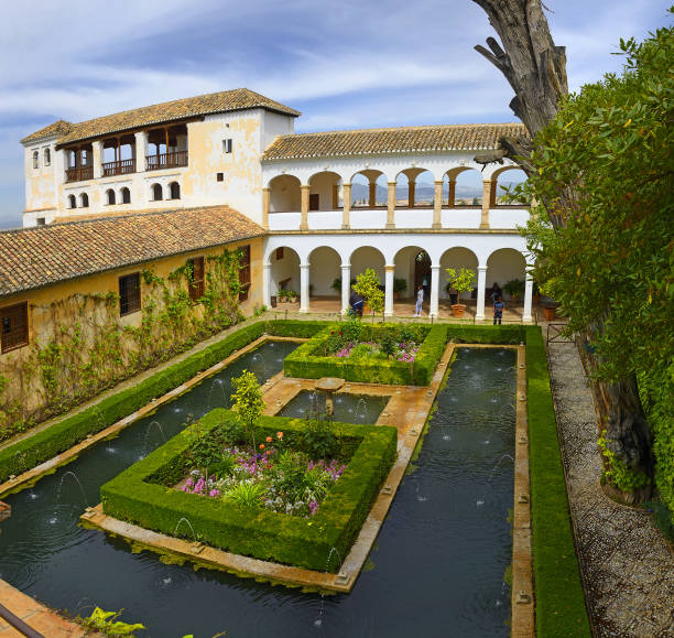 Grananda, Spain - December 21, 2024: Columns of the Palacio de Carlos V in the Alhambra in Grananda in winter.