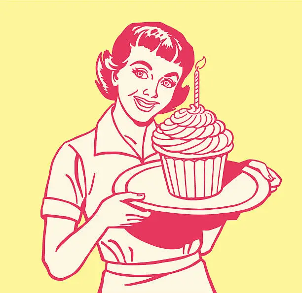 Vector illustration of Woman Holding Large Cupcake