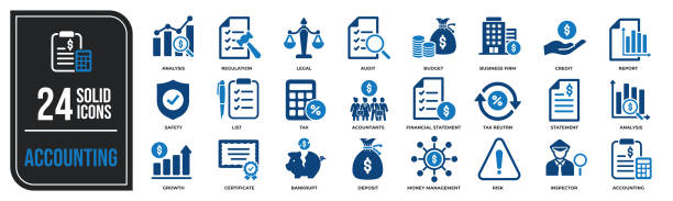Accounting solid icons collection. Containing financial statement, inspecting, report, analysis etc icons. For website marketing design, logo, app, template, ui, etc. Vector illustration. Accounting solid icons collection. Containing financial statement, inspecting, report, analysis etc icons. For website marketing design, logo, app, template, ui, etc. Vector illustration. tax stock illustrations