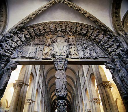 Portico de la Gloria - The main entrance gate to the cathedral in Santiago de Compostela, Galicia. Camino de Santiago is World Heritage Site by Unesco, Spain - Beautiful sculptural decoration of the entrance to the church