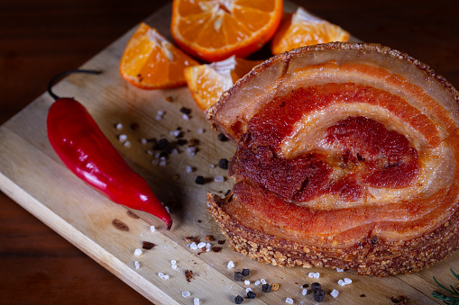 Porchetta: a traditional italian dish made of fried pork belly.