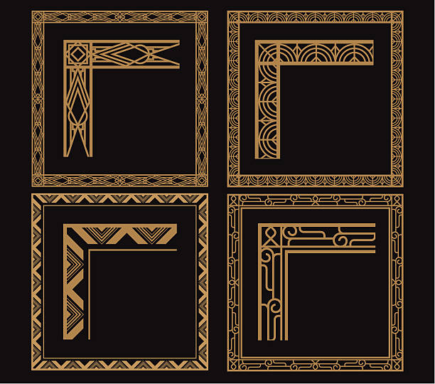 illustrazioni stock, clip art, cartoni animati e icone di tendenza di quattro elaborati in stile art déco bordi oro su nero - frame decoration flourishes art nouveau