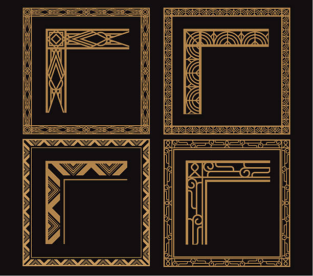 Four intricate gold art deco borders on black A set of art deco theme border. zip contains AI and hi-res jpeg, art deco frame stock illustrations
