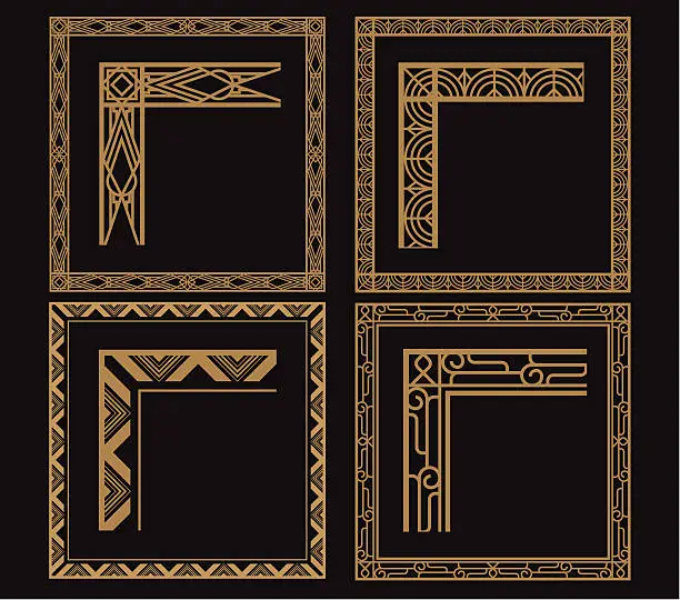 Vector illustration of Four intricate gold art deco borders on black