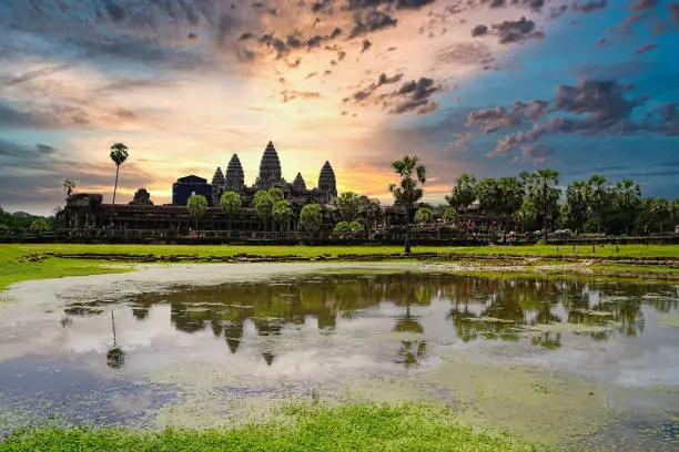 Angkor Wat Temple Complex during Sunset - UNESCO World Heritage 12th century masterpiece of Khmer Architecture built by Suryavarman II at Siem Reap, Cambodia, Asia