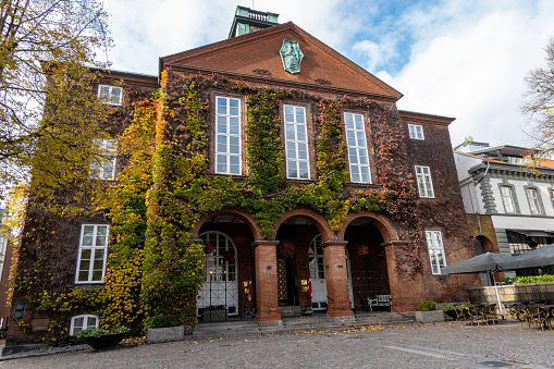 Kolding, Denmark, Oct 30, 2023 The  ivy facade of the Kolding Town Hall.