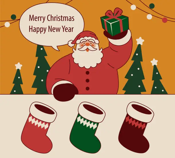 Vector illustration of Santa Claus carrying Christmas presents and a greeting card with Christmas stockings wishes you a Merry Christmas and a Happy New Year