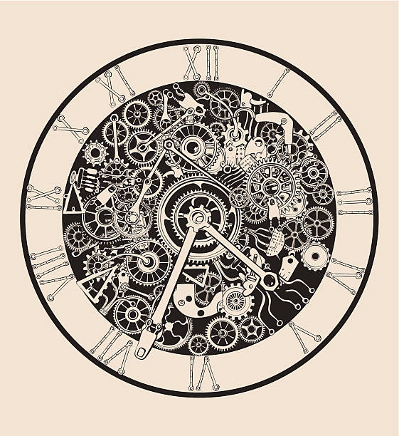 ilustraciones, imágenes clip art, dibujos animados e iconos de stock de reloj antiguo hecho de seleccionable ungroupable piezas metálicas y cogs - reloj de pulsera