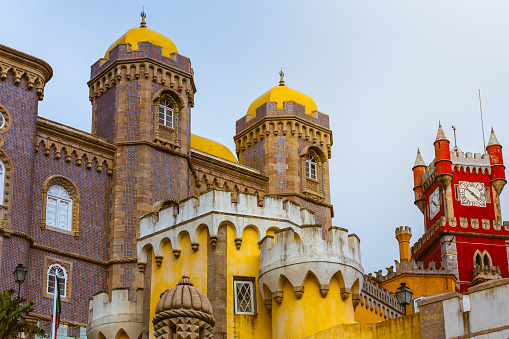 Sintra, Portugal -  December 15, 2018: close up of some of the towers of the Palacio da Pena ( Pena Palace ) in Sintra, Portugal.