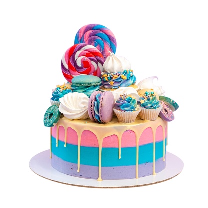Colorful striped birthday cake. Blue, pink and purple cream cheese frosting, bright decorations, isolated, png