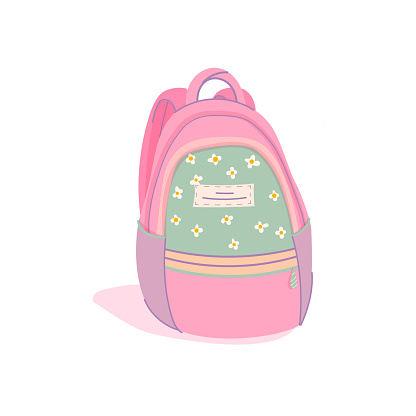 Pink bag for school supplies, cartoon style. Trendy hand drawn modern vector illustration