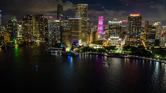 Business and financial district with illuminated skyscrapers in Miami, Florida at night