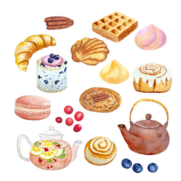 istock Watercolor teapots and desserts isolated on white 1793920658