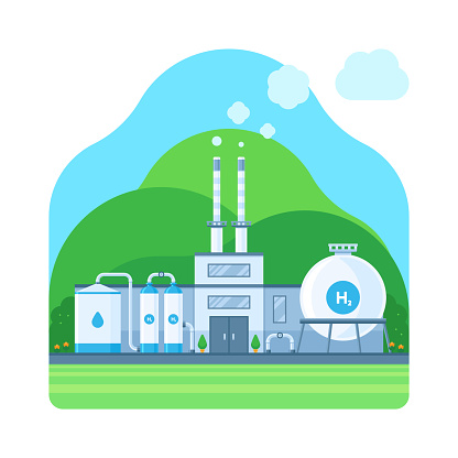 This vector illustration captures the essence of a hydrogen power station set amidst green hills under a blue sky. The scene unfolds with an industrial facility releasing water vapor, showcasing the operation of an electrolyzer alongside a storage tank full of fuel.