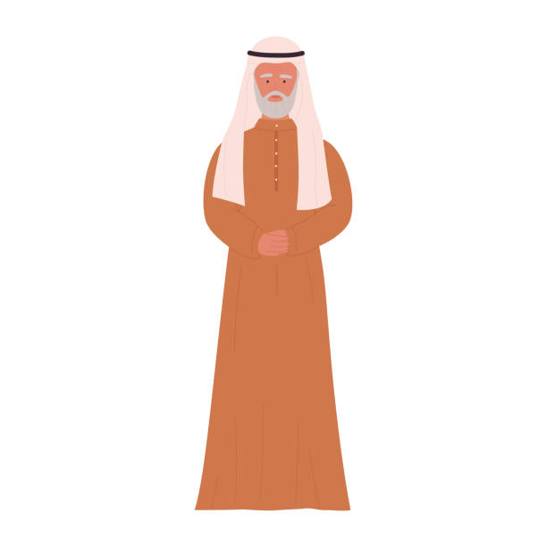 Elderly Muslim man, grandfather in traditional clothes standing Elderly Muslim man, grandfather in traditional clothes standing vector illustration oman cartoon stock illustrations