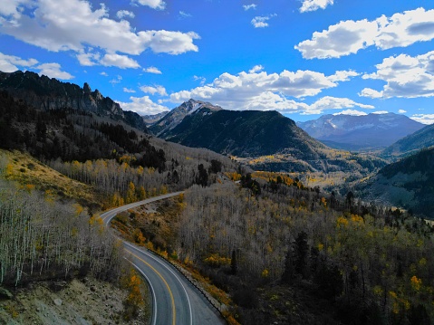 Beautiful View of Colorado Road, Highway 145 near Trout Lake during foliage season, Colorado