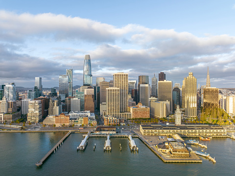 Aerial San Francisco Ferry Building and Skyline at day