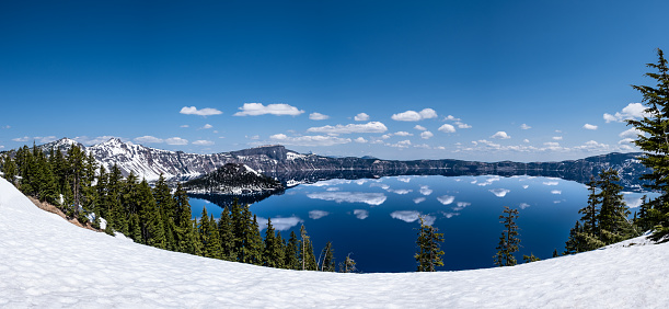 Pano of Crater Lake, a National Park in Oregon, taken May 25, 2023. The lake is a volcanic caldera.
