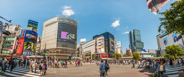Panorama of crowded Shibuya Crossing, Shibuya, Tokyo, Japan