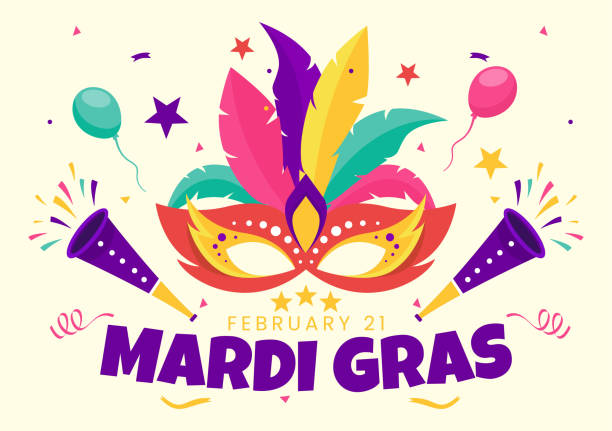 illustrations, cliparts, dessins animés et icônes de illustration vectorielle de carnaval de mardi gras. la traduction est en français pour mardi gras. festival avec des masques, des maracas, de la guitare et des plumes sur fond violet - mardi gras backgrounds bead purple