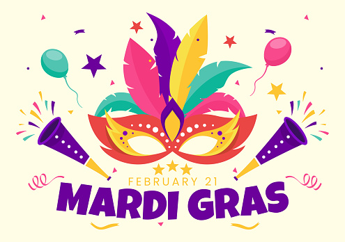 Mardi Gras Carnival Vector Illustration. Translation is French for Fat Tuesday. Festival with Masks, Maracas, Guitar and Feathers on Purple Background