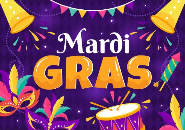 Vector illustration of Mardi Gras Carnival Vector Illustration. Translation is French for Fat Tuesday. Festival with Masks, Maracas, Guitar and Feathers on Purple Background