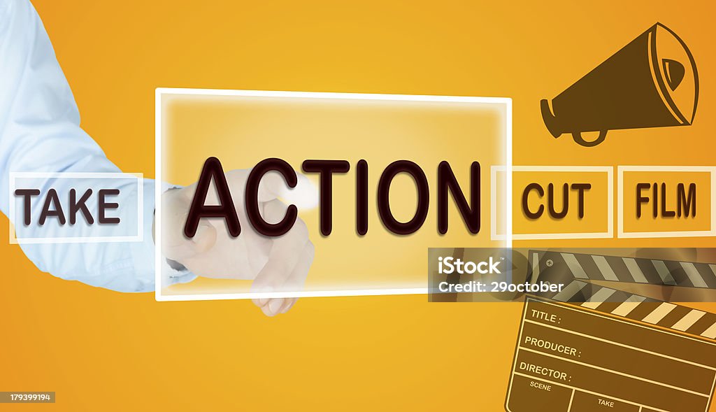 Mano humana punto la acción de botón - Foto de stock de Actividad libre de derechos