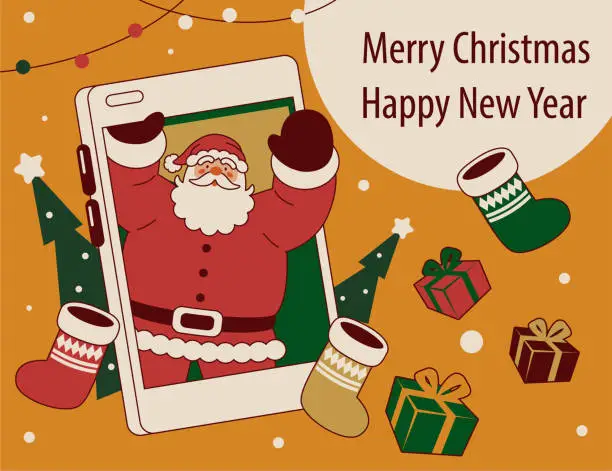 Vector illustration of Santa Claus popping out of a smartphone gives Christmas presents and Christmas stockings and wishes You a Merry Christmas and a Happy New Year
