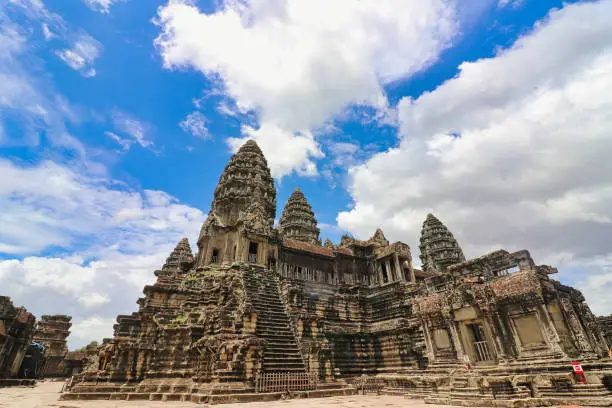 Angkor Wat Temple Inner Pyramid Complex, masterpiece of Khmer Architecture built in 12th century by Suryavarman II at Siem Reap, Cambodia, Asia