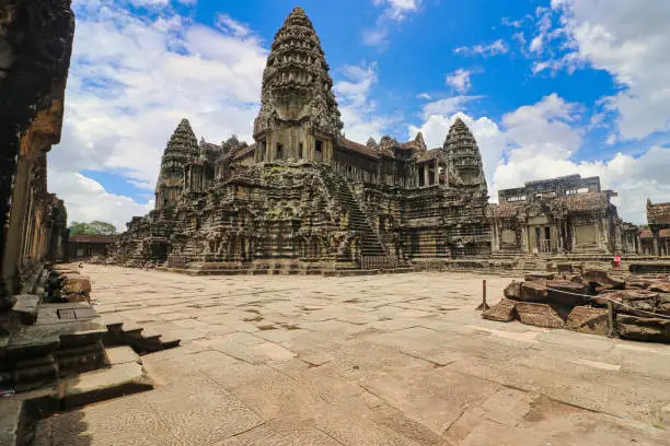 Angkor Wat Temple Inner Pyramid Complex, masterpiece of Khmer Architecture built in 12th century by Suryavarman II at Siem Reap, Cambodia, Asia