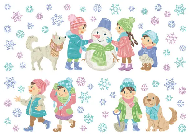 Vector illustration of Illustration of children making a snowman in winter and snowflakes