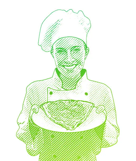 Vector illustration of Chef and slice of pizza