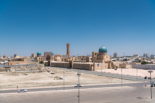 Bukhara, Uzbekistan Aerial view of Kalan Minaret Emir and Alim Khan madrasah of Po-i-Kalan (Poi Kalan) - islamic religious complex