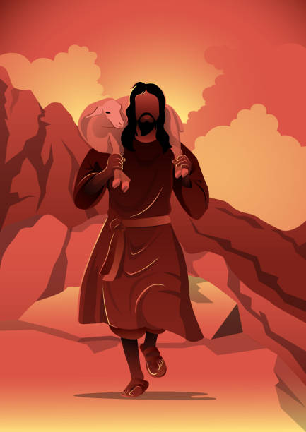 Jesus Christ as a shepherd vector illustration An illustration of Jesus Christ as a shepherd and found the lost sheep. Biblical Series shepherd sheep lamb bible stock illustrations