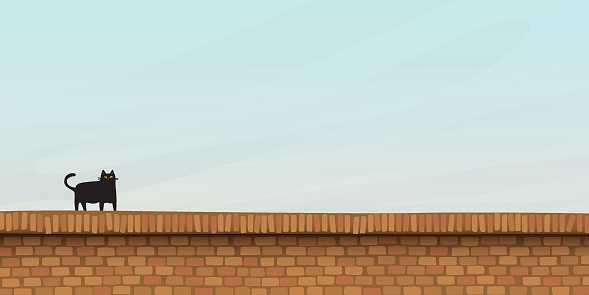 Black cat walking on brick wall childish style vector illustration have blank space.