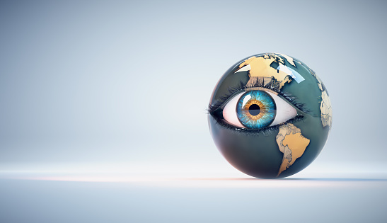 Human eye with earth globe on it in a studio background. Nature and environment concept. This is a 3d render illustration